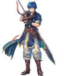  1boy armor belt blue_eyes blue_hair boots closed_mouth fire_emblem fire_emblem:_new_mystery_of_the_emblem fire_emblem_heroes full_body fur_trim gloves highres huge_weapon izuka_daisuke knee_boots kris_(fire_emblem) kris_(male)_(fire_emblem) looking_at_viewer male_focus non-web_source official_art pants short_hair short_sleeves shoulder_armor solo standing sword sword_on_back transparent_background weapon weapon_on_back 