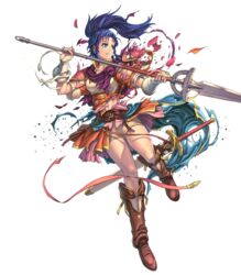  armor blue_eyes blue_hair boots breastplate broken_armor female fire_emblem fire_emblem:_new_mystery_of_the_emblem fire_emblem_heroes full_body highres holding holding_polearm holding_weapon izuka_daisuke kris_(female)_(fire_emblem) kris_(fire_emblem) long_hair looking_away navel non-web_source official_art parted_lips polearm ponytail shorts sidelocks solo spear stomach sword thighs torn_clothes transparent_background weapon 