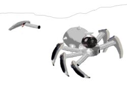  ambiguous_gender arachnid arthropod cable camera detachable_legs glitchelsalsero grey_body machine metallic_body painting_(artwork) robot simple_background solo spider spikes traditional_media_(artwork) white_background 