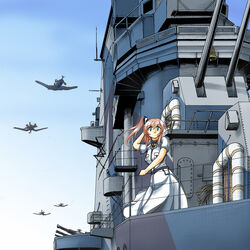  aircraft aircraft_carrier airplane anchor bell belt blue_eyes blue_sky breast_pocket breasts brown_hair cannon dress f4u_corsair female hair_between_eyes hair_ornament hand_on_own_head high_side_ponytail highres historical_name_connection kantai_collection large_breasts lifeboat military_vehicle name_connection object_namesake outdoors pocket ponytail railing saratoga_(kancolle) saratoga_mk_ii_(kancolle) ship side_ponytail sidelocks sky smokestack solo tasoku_hokou_heiki turret uss_saratoga_(cv-3) vehicle_and_personification warship watercraft white_dress 