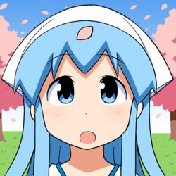  :o anbe_masahiro blue_eyes blue_hair blue_sky cherry_blossoms close-up day facing_viewer female gradient_sky grass hat ikamusume long_hair looking_up lowres object_on_head official_art official_style open_mouth outdoors petals portrait shinryaku!_ikamusume sky solo spring_(season) squid_hat straight-on tareme third-party_source tree white_hat wind 