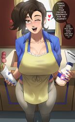  absurdres apron blush breasts brown_eyes brown_hair cleavage collared_shirt earrings echo_saber english_commentary english_text female highres huge_breasts jewelry long_sleeves looking_at_viewer mature_female medium_hair open_mouth paldea_mother parted_bangs pokemon pokemon_sv ponytail shirt smile solo thick_thighs thighs yellow_apron 