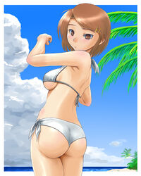  adder ass beach bikini blue_sky border breasts brown_hair cloud day female halterneck highres large_breasts ocean original outside_border palm_tree side-tie_bikini_bottom sideboob sky solo sweat swimsuit tree white_bikini white_border 