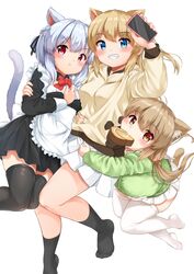  3girls animal_ear_fluff animal_ears apron blue_eyes blush breasts brown_eyes cat_girl cellphone closed_mouth commentary_request dot_nose food_in_mouth foot_out_of_frame grey_hair hair_between_eyes hair_ornament hair_scrunchie highres hiyori-chan holding koruri-chan_(sora) light_brown_hair long_hair long_sleeves looking_at_viewer low_twintails mouth_hold multiple_girls open_mouth original phone pink_eyes pleated_skirt scrunchie simple_background skirt smartphone sora_(silent_square) tail thick_thighs thighhighs thighs tsugumi-chan_(sora) twintails waist_apron white_background white_thighhighs zettai_ryouiki 