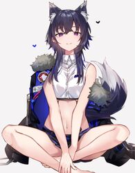  animal_ear_fluff animal_ears barefoot belt black_hair black_jacket blue_skirt breasts buttons closed_mouth collared_shirt crop_top ear_piercing extra_ears female fox_ears fox_girl fox_tail fur-trimmed_jacket fur_trim grey_background heart highres hikari_yui ichinose_uruha ichinose_uruha_(6th_costume) indian_style jacket kemonomimi_mode long_hair lupinus_virtual_games midriff miniskirt navel piercing purple_eyes shirt simple_background sitting skirt sleeveless sleeveless_shirt small_breasts smile solo tail v_arms virtual_youtuber vspo! white_shirt 