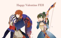  2boys :d alternate_costume blue_cape blue_capelet blue_dress blue_hairband blue_headband blue_shirt bow_(weapon) brown_headband cape capelet carrying_over_shoulder closed_eyes copyright_name dress eliwood_(fire_emblem) eliwood_(valentine)_(fire_emblem) father_and_son female fire_emblem fire_emblem:_the_binding_blade fire_emblem_heroes green_hair hairband happy_valentine headband holding holding_bow_(weapon) holding_weapon long_dress long_hair lyn_(fire_emblem) lyn_(valentine)_(fire_emblem) multiple_boys open_mouth petals ponytail red_hair roy_(fire_emblem) roy_(valentine)_(fire_emblem) shirt shoochiku_bai shorts smile striped_clothes striped_shorts sweatdrop weapon 