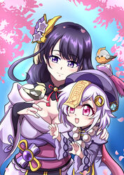  2girls :d absurdres atawatsho bead_necklace beads blunt_bangs bow bowtie braid breasts cape cherry_blossoms chinese_clothes cleavage coin_hair_ornament commentary english_commentary genshin_impact hair_between_eyes hair_ornament hat highres japanese_clothes jewelry jiangshi long_hair long_sleeves looking_at_another low_ponytail mole mole_under_eye multiple_girls necklace obi ofuda petals purple_eyes purple_hair qingdai_guanmao qiqi_(genshin_impact) raiden_shogun sash sidelocks single_braid smile vision_(genshin_impact) wide_sleeves 