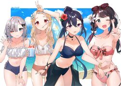  4girls alternate_hairstyle arm_up bandeau bare_shoulders bikini blonde_hair blue_bikini bow bracelet braid breasts choker cleavage closed_mouth collared_shirt cowboy_shot eyewear_on_head food frilled_bikini frills green_eyes hair_ornament hairbow halterneck hand_up hikari_yui ichinose_uruha innertube jewelry kaga_nazuna kaga_sumire kogara_toto locked_arms long_hair low_twintails lupinus_virtual_games medium_breasts mismatched_bikini mouth_hold multiple_girls navel one_eye_closed open_mouth outstretched_arm pink_bikini ponytail purple_eyes red_eyes sarong scrunchie shaved_ice shirt sidelocks small_breasts smile spoon sunglasses swim_ring swimsuit twintails twitter_username v virtual_youtuber vspo! wrist_scrunchie x_hair_ornament 