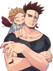  2boys :t aged_down black_shirt blonde_hair blue_eyes blue_shirt boku_no_hero_academia cheek-to-cheek closed_eyes closed_mouth collarbone commentary_request crossed_arms endeavor_(boku_no_hero_academia) facial_hair facial_mark feathered_wings feathers fingernails hawks_(boku_no_hero_academia) heads_together lolicon looking_at_another looking_to_the_side male_focus mature_male miso_(mimimiso) motion_lines multiple_boys muscular muscular_male nuzzle on_shoulder pectorals red_feathers red_hair red_wings scar scar_across_eye scar_on_face shedding shedding_feathers shirt short_hair sideways_glance simple_background spiked_hair stubble sweatdrop t-shirt upper_body white_background wings 