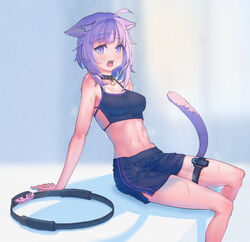  absurdres ahoge animal_ears arm_support bare_arms bare_shoulders black_shorts blunt_bangs blurry blurry_background blush breasts buckle cat_ears cat_girl cat_tail cleavage collar commentary_request cucumbear073 depth_of_field feet_out_of_frame female heavy_breathing highres hololive joy-con leaning_back looking_at_viewer medium_breasts navel nekomata_okayu nintendo nintendo_switch open_mouth purple_eyes purple_hair ring-con ring_fit_adventure short_hair shorts side_slit sitting solo sports_bra stomach sweat tail thigh_strap toned virtual_youtuber 