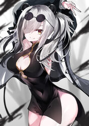  :d absurdres animal_ears arknights bear_ears black_dress black_hair black_jacket breasts china_dress chinese_clothes cleavage cleavage_cutout clothing_cutout covered_navel cowboy_shot dress eyewear_on_head feater_(arknights) female grey_hair grin hair_over_one_eye highres jacket large_breasts long_hair long_sleeves looking_at_viewer multicolored_hair oerba_yun_fang open_clothes open_jacket parted_lips round_eyewear side_slit skin_fang smile solo sunglasses twintails two-tone_hair v yellow_eyes yonagi_white 