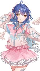  ahoge amamiya_kokoro backpack bag blue_hair choker closed_mouth cowboy_shot detached_wings dot_nose female hair_ornament halo hand_on_headphones headphones heart heart_hair_ornament highres hikari_yui jacket long_sleeves looking_at_viewer medium_hair nijisanji oerba_yun_fang pink_jacket pink_skirt simple_background skin_fang skirt smile solo virtual_youtuber white_background wings x_hair_ornament yellow_eyes 