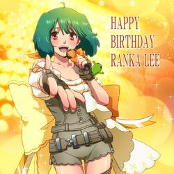  ahoge cero_(cerocero) female fingerless_gloves gloves green_hair happy_birthday looking_at_viewer macross macross_frontier microphone music oosanshouuo-san open_mouth orange_eyes outstretched_arm protected_link ranka_lee short_hair singing smile uta_macross_sumaho_deculture 