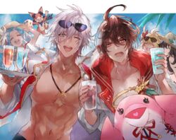  2boys 3girls azrael_(granblue_fantasy) blue_eyes brown_hair dark_skin dolphin granblue_fantasy halluel_(granblue_fantasy) highres hood hoodie israfel_(granblue_fantasy) long_hair lucio_(granblue_fantasy) lucio_(summer)_(granblue_fantasy) lyria_(granblue_fantasy) malluel_(granblue_fantasy) multiple_boys multiple_girls open_mouth pectorals red_eyes sandalphon_(granblue_fantasy) smile tan vyrn_(granblue_fantasy) waltz_(tram) white_hair 