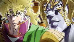  1boy anime_coloring birthmark blonde_hair closed_mouth dio_brando ear_birthmark earrings fake_screenshot grandguerrilla heart heart_earrings heaven_ascended_dio high_collar jewelry jojo_no_kimyou_na_bouken jojo_no_kimyou_na_bouken:_eyes_of_heaven looking_at_viewer male_focus multiple_views official_style parted_lips projected_inset red_eyes sanpaku smile yellow_eyes 