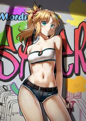  ass_visible_through_thighs bandeau belt blonde_hair blue_shorts braid breasts brown_belt chinese_commentary collarbone commentary crop_top cutoffs denim denim_shorts fate/apocrypha fate/grand_order fate_(series) female ge_(zmq67911029) graffiti green_eyes hair_ornament hair_scrunchie half_up_braid micro_shorts mordred_(fate) mordred_(fate/apocrypha) mordred_(memories_at_trifas)_(fate) navel ponytail red_scrunchie scrunchie shorts sidelocks small_breasts solo standing white_bandeau 