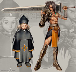  2boys armored_boots astonishia_story_2 asymmetrical_hair black_capelet black_eyes black_pants blonde_hair blue_eyes boots brown_hair capelet chest_strap closed_mouth commentary earrings english_commentary full_body gauntlets greatsword hair_between_eyes hair_over_one_eye hat hattake highres holding holding_sword holding_weapon jewelry limha_lekan long_hair looking_at_viewer magatama magatama_necklace male_focus mitre multiple_boys necklace official_art pants pelledhorr pelvic_curtain runes smile standing sword veins veiny_thighs weapon zoom_layer 