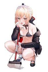  apron arm_rest artoria_pendragon_(all) artoria_pendragon_(swimsuit_rider_alter) bangs bare_shoulders bikini black_bikini black_footwear black_jacket blonde_hair blush breasts broom collarbone commentary_request fate/grand_order fate_(series) female frilled_bikini frills full_body green_eyes hair_ribbon hand_on_own_chin highres holding jacket large_breasts long_hair long_sleeves looking_at_viewer maid_apron medium_breasts neck_ribbon off-shoulder_jacket ribbon shoes short_hair simple_background solo squatting suigetsu_(hjs1106) swimsuit tongue tongue_out white_background 