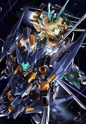  alternate_color baselard beam blonde_hair commentary_request cutlass_(frame_arms) female frame_arms frame_arms_girl glowing green_eyes gun headgear highres holding holding_weapon kumichou_(ef65-1118-ef81-95) long_hair mecha mecha_musume robot sky space star_(sky) starry_sky sword thrusters weapon 