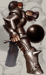  1boy armor armored_boots artist_name astonishia_story_2 bandana bara boots breastplate brown_eyes brown_hair closed_mouth concept_art copyright_notice dual_wielding english_commentary full_body grey_background hearne_(as2) highres holding holding_weapon leg_armor limha_lekan looking_at_viewer looking_to_the_side mace male_focus official_art pauldrons photoshop_(medium) red_bandana short_hair shoulder_armor sideburns smile solo spiked_hair standing vambraces weapon zoom_layer 