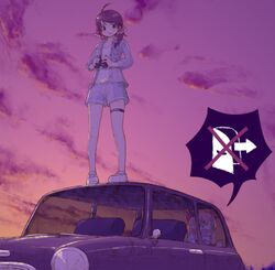  2girls against_glass binoculars blue_shirt blue_shorts bow brown_eyes brown_hair car cloud commentary_request contemporary cookie_(touhou) exit_sign frilled_bow frills full_body hairbow hakurei_reimu holding holding_binoculars horns ibuki_suika kanna_(cookie) long_hair looking_down medium_hair mini_cooper miyako_(naotsugu) motor_vehicle multiple_girls open_mouth orange_hair outdoors red_bow shirt shoes shorts sneakers solid_circle_eyes speech_bubble standing standing_on_vehicle sunset swept_bangs thigh_strap touhou trapped unbuttoned unbuttoned_shirt wavy_mouth white_footwear white_shirt yamin_(cookie) 