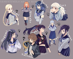  !? 6+boys 6+girls amiguchi_shuu bag bandaged_head bandaged_neck bandages bj_(juusan_kihei_bouei_ken) black_hair blonde_hair blue_neckerchief blush braid brown_eyes brown_hair cezaria character_name chibi chibi_inset closed_eyes cropped_torso crossdressing full_body fuyusaka_iori glasses gouto_renya grey_eyes hair_bun hair_ornament hair_ribbon hairclip head_rest high_ponytail highres hijiyama_takatoshi juusan_kihei_bouei_ken kisaragi_tomi kneehighs kurabe_juurou kurabe_tamao loafers long_hair minami_natsuno miura_keitarou multiple_boys multiple_girls neckerchief ogata_nenji okino_tsukasa open_mouth orange_hair otoko_no_ko pleated_skirt plump ponytail red_ribbon ribbon robot sailor_collar sawatari_miwako school_uniform sekigahara_ei shinonome_ryouko_(juusan_kihei_bouei_ken) shoes short_hair shoulder_bag sidelocks simple_background single_hair_bun skirt smile socks takamiya_yuki twin_braids white_hair yakushiji_megumi 