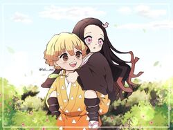  1boy agatsuma_zenitsu blonde_hair brown_hair female japanese_clothes kamado_nezuko kimetsu_no_yaiba kimono long_hair long_sleeves non-web_source open_mouth pink_eyes pink_kimono pori_(kmt_pori) ribbon short_hair smile very_long_hair yellow_eyes 