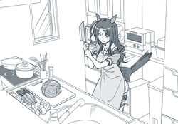  animal_ears apron bow carrot chopsticks cutting_board ear_covers female greyscale holding holding_knife horse_ears horse_girl horse_tail indoors king_halo_(umamusume) kitchen knife lettuce long_hair microwave monochrome one_side_up pot puffy_short_sleeves puffy_sleeves school_uniform short_sleeves sink skirt solo spatula stove sweatdrop taguchi_kenji_(omaep) tail tail_raised tracen_school_uniform umamusume window wok 