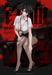  absurdres agent_(girls&#039;_frontline) alternate_breast_size alternate_costume asymmetrical_hair black_hair blue_sky blurry breasts bright_pupils brown_pantyhose building character_name cityscape cleavage collarbone contemporary day depth_of_field double_bun english_text female fingernails gcg girls&#039;_frontline hair_bun hand_on_own_thigh high_heels highres id_card indoors lanyard large_breasts leaning_forward leather_chair legs lips lipstick looking_at_viewer makeup office_lady pantyhose parted_lips partially_unbuttoned pencil_skirt sangvis_ferri shirt sidelocks sitting skirt sky skyscraper solo thighs white_pupils white_shirt yellow_eyes 