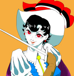  absurdres black_hair brown_gloves cape earrings female gloves hair_ornament hat highres holding holding_sword holding_weapon jewelry mitumizo orange_background princess_sapphire puffy_short_sleeves puffy_sleeves purple_cape rapier red_eyes ribbon_no_kishi short_sleeves simple_background smile solo sword weapon 