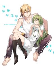  1boy arm_support barefoot black_legwear blonde_hair blush blush_stickers bolo_tie bracelet closed_mouth dress earrings enkidu_(fate) enkidu_(sensha_otoko)_(fate) fate/stay_night fate/strange_fake fate_(series) female gilgamesh_(fate) gilgamesh_(sensha_otoko)_(fate) green_eyes green_hair hair_between_eyes headband jewelry kneehighs loafers long_hair own_hands_together pants paw_print purple_pants reclining red_eyes sailor_collar sensha_otoko shoes short_hair sitting smile socks sweatdrop tank_top track_pants waltz_(tram) white_background white_dress white_tank_top 