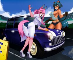  6:5 anthro big_breasts blue_eyes blue_hair blush brand_new_animal breasts brown_body brown_fur canid canine canis car car_wash chacrawarrior clothed clothing cloud crop_top day digital_media_(artwork) duo female footwear fox fur glistening glistening_body glistening_breasts glistening_tail gloves_(marking) hair hi_res hose leg_markings long_hair mammal markings michiru_kagemori mini_(car) nazuna_hiwatashi outside pink_body pink_fur pink_hair puddle raccoon_dog rear_view red_eyes shirt shoes side_boob smile sneakers socks_(marking) studio_trigger tail tanuki topwear under_boob vehicle white_body white_fur 