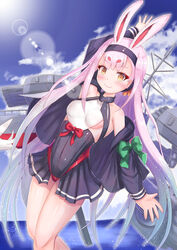  animal_ears arm_up armpits azur_lane bare_shoulders black_jacket blue_sky breasts cloud cocoasabure collarbone commentary_request day dress female headband highres horizon jacket lens_flare long_hair long_sleeves looking_at_viewer machinery mast medium_breasts ocean off_shoulder open_clothes open_jacket orange_eyes outdoors pink_hair rabbit_ears shimakaze_(azur_lane) sky smile solo standing sun sunlight thighs torpedo_tubes very_long_hair 