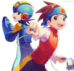  2boys :d arm_cannon artist_name black_shorts blue_helmet blurry bodysuit brown_eyes brown_hair brown_vest cable commentary_request copyright_name dated depth_of_field fingernails gradient_background green_eyes happy helmet highres holding holding_cable lan_hikari_(mega_man) long_sleeves looking_at_viewer looking_back male_focus mega_man_(series) mega_man_battle_network_(series) megaman.exe multiple_boys netnavi open_mouth personal_terminal purple_bodysuit shirt short_hair shorts simple_background smile spiked_hair teeth turtleneck twitter_username upper_teeth_only vest weapon white_background white_shirt zero-go 