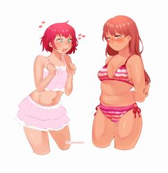  2girls arms_behind_back artist_name bikini blush breasts brown_hair chadolbaegi character_request closed_mouth copyright_request cropped_legs english_commentary glasses green_eyes heart highres lace_trim long_hair medium_breasts multiple_girls navel open_mouth orange_eyes pink_bikini pink_skirt plump red_hair semi-rimless_eyewear side-tie_bikini_bottom simple_background skirt striped_bikini striped_clothes swimsuit thick_thighs thighs twitter_username under-rim_eyewear white_background 