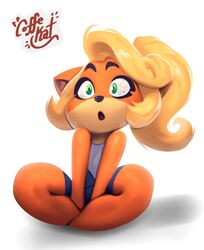  2023 activision anthro black_nose blonde_hair clothing coco_bandicoot coffekitten crash_(series) crossed_legs female fur green_eyes hair hi_res mammal marsupial multicolored_body multicolored_face multicolored_skin open_mouth orange_body orange_fur shadow signature sitting solo tan_body tan_skin wide_eyed 