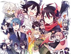  6+boys 6+girls ^_^ alela_grora_(funamusea) angel_wings bat_wings black_dress black_hair black_necktie black_suit blue_hair blue_suit cape closed_eyes closed_mouth crossover dress emalf_(funamusea) etihw_(funamusea) everyone flower formal from_behind funamusea glasses_(funamusea) green_dress haiiro_teien hair_between_eyes hair_flower hair_ornament halo heart horns idate_(funamusea) igls_unth ivlis_(funamusea) kcalb_(funamusea) licorice_(funamusea) long_hair long_sleeves looking_at_viewer multiple_boys multiple_girls necktie one_eye_closed one_eye_covered oounabara_to_wadanohara open_mouth pink_hair red_eyes red_hair reficul_(funamusea) satanick_(funamusea) shirt short_hair simple_background siralos_(funamusea) smile star_(symbol) suit sunahama_tsuushin sunglasses taiyou_no_jubaku victor_flankenstein white_background white_cape white_hair white_shirt wings wodahs_(funamusea) yellow_eyes zenryoku_eimin 