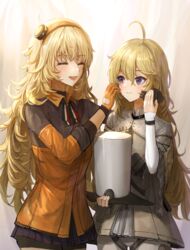  2girls absurdres ahoge black_jacket black_skirt blonde_hair blush breasts chan1moon closed_eyes closed_mouth commission feet_out_of_frame girls&#039;_frontline gloves hat highres holding holding_clothes holding_hat italian_flag italian_flag_print jacket kolibri_(girls&#039;_frontline) korean_commentary long_hair looking_at_another multicolored_clothes multicolored_jacket multiple_girls neck_ribbon open_mouth orange_gloves orange_jacket pants pixiv_commission print_ribbon purple_eyes ribbon s.a.t.8_(girls&#039;_frontline) simple_background skirt smile standing unworn_hat unworn_headwear white_headwear white_jacket white_pants 