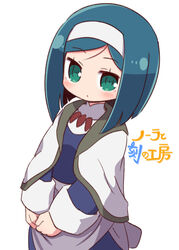  apron blue_dress blue_hair blush chibi closed_mouth commentary dress female green_eyes hairband highres long_sleeves looking_at_viewer naga_u noora_to_toki_no_koubou parted_bangs simple_background sirkka_bjorn solo translated waist_apron white_apron white_background white_hairband 