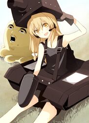  arm_up armpits black_shirt black_shorts blonde_hair blush bow brown_gloves commentary cookie_(touhou) feet_out_of_frame female gloves grass hair_between_eyes hairbow headphones highres kirisame_marisa long_hair looking_at_viewer manatsu_no_yo_no_inmu microphone miitopia military military_vehicle miura_daisenpai miyako_(naotsugu) mole mole_under_mouth motor_vehicle open_mouth shell_casing shirt shorts single_glove sitting squid tank tank_costume tank_top touhou uzuki_(cookie) white_bow yellow_eyes 