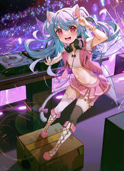  animal_ear_fluff animal_ear_legwear animal_ears asymmetrical_legwear blue_eyes blue_hair boots bow box bridal_garter cardboard_box cat_ear_legwear cat_ears cat_tail collarbone concert daikazoku63 dj ear_bow fairy_wings female flat_chest glowstick headphones headphones_around_neck highres indie_virtual_youtuber jacket knee_boots long_hair looking_at_viewer microskirt midriff mismatched_legwear navel open_mouth pink_eyes pink_jacket pink_skirt shimo_hisae short_sleeves skirt smile solo tail tail_bow tail_ornament teeth thighhighs upper_teeth_only v virtual_youtuber white_footwear wings wrist_cuffs 