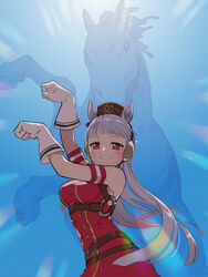  animal_ears blue_background blunt_bangs breasts bridle brown_headwear commentary_request creature_and_personification dress female gloves gold_ship_(racehorse) gold_ship_(umamusume) grey_hair grin hat highres hitec horse horse_ears horse_girl long_hair medium_breasts o-ring pose red_dress red_eyes signature sleeveless sleeveless_dress smile umamusume white_gloves 