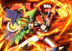  1boy absurdres android arm_cannon bead_necklace beads clenched_hand dated dragon dragon_horns english_commentary fighting_stance fire green_eyes highres horns innovator123 jewelry legs_apart magma_dragoon_(mega_man) male_focus mecha mega_man_(series) mega_man_x4 mega_man_x_(series) mega_man_x_dive necklace open_mouth red_eyes robot shadow sharp_teeth signature teeth weapon 