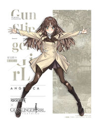  angelica_(gunslinger_girl) arms_up boots brown_eyes dress female girls&#039;_frontline gunslinger_girl hair_ribbon highres jacket long_hair nishiro_ryoujin pantyhose ribbon solo torn_clothes torn_pantyhose 