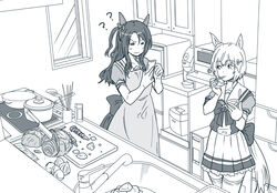  2girls ? ?? animal_ears apron bow carrot cellphone chopsticks cooking cutting_board ear_covers eating greyscale holding holding_phone horse_ears horse_girl horse_tail indoors king_halo_(umamusume) kitchen knife lettuce long_hair microwave monochrome multiple_girls one_side_up phone pot puffy_short_sleeves puffy_sleeves school_uniform seiun_sky_(umamusume) short_hair short_sleeves sink skirt smartphone spatula stove sweatdrop taguchi_kenji_(omaep) tail thighhighs tracen_school_uniform umamusume window wok 