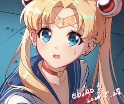  bishoujo_senshi_sailor_moon bishoujo_senshi_sailor_moon_s blonde_hair blue_eyes blue_sailor_collar blush choker circlet commentary crescent crescent_earrings dated derivative_work diadem earrings female hair_bun hair_intakes hair_over_shoulder heart heart_choker jewelry katsuki_natsu long_hair magical_girl meme red_choker sailor_collar sailor_moon sailor_moon_redraw_challenge_(meme) sailor_senshi_uniform screenshot_redraw single_hair_bun solo sweatdrop tsukino_usagi twintails upper_body 