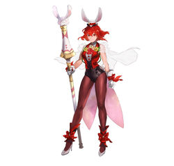  absurdres breasts capelet clenched_hand closed_mouth commentary_request female fire_emblem fire_emblem:_mystery_of_the_emblem fire_emblem_heroes full_body gloves hat high_heels highres holding leotard looking_at_viewer mayo_(becky2006) medium_breasts minerva_(fire_emblem) minerva_(spring)_(fire_emblem) mini_hat official_art pantyhose polearm rabbit_tail red_eyes red_hair see-through short_hair simple_background sleeveless smile solo standing tail weapon white_background white_gloves 