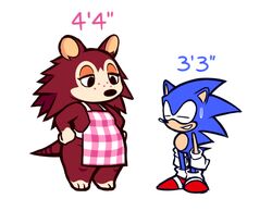  2020 animal_crossing anthro apron apron_only black_nose blue_body bodily_fluids brown_body brown_fur clothed clothing comparing crossover duo eulipotyphlan eyelashes eyeshadow female footwear freckles fur gloves guywiththepie hands_on_hips handwear hedgehog larger_female leg_markings looking_at_another looking_down makeup male mammal markings mostly_nude nintendo pattern_apron pattern_clothing plaid plaid_apron plaid_clothing quills_(anatomy) sable_able sega shoes simple_background size_difference slightly_chubby slightly_chubby_female smaller_male sonic_the_hedgehog sonic_the_hedgehog_(series) standing striped_markings striped_tail stripes sweat sweatdrop tail tail_markings tan_body tan_fur topwear white_background white_clothing white_gloves white_handwear 