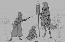  2022 absurd_res anthro armor bandage bandaged_legs banner bared_teeth battlefield bayonet biped borzoi canid canine canis claws clothing coat digital_media_(artwork) digitigrade domestic_dog female greyscale group gun headgear helmet hi_res holding_gun holding_object holding_ranged_weapon holding_rifle holding_weapon human humanoid hunting_dog kneeling knife larger_anthro larger_female male mammal military military_uniform monochrome patecko paws ranged_weapon rifle rifle_sling sighthound size_difference smaller_anthro smaller_human smaller_male standard toe_claws topwear trio uniform war weapon 