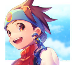  2boys :d artist_name blue_footwear blue_headband blue_helmet blue_sky bodysuit boots border brown_eyes brown_hair brown_vest cloud commentary_request dated day green_eyes happy headband helmet lan_hikari_(mega_man) looking_at_another looking_at_viewer male_focus mega_man_(series) mega_man_battle_network_(series) megaman.exe mini_person miniboy multiple_boys netnavi on_shoulder open_mouth outdoors outside_border portrait shirt short_hair sitting sitting_on_person sitting_on_shoulder sky smile spiked_hair teeth transparent turtleneck twitter_username upper_teeth_only vest white_border white_shirt zero-go 